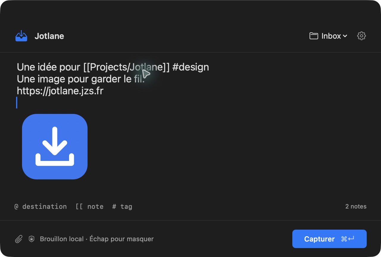 La fenêtre Jotlane avec une capture mêlant texte, image et lien vers Obsidian.